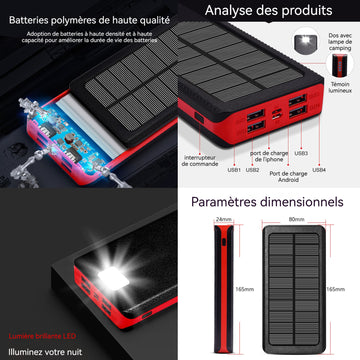 Batterie externe solaire 30000mah avec lumière LED banque d'alimentation portable avec 4 ports USB étanche power bank chargeur